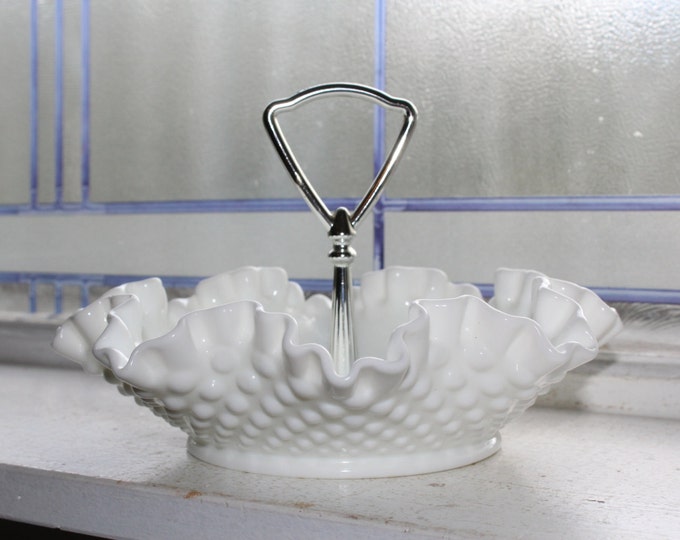 Fenton Milk Glass Hobnail Dish Center Handle Bowl Ruffled Rim Vintage 1970s