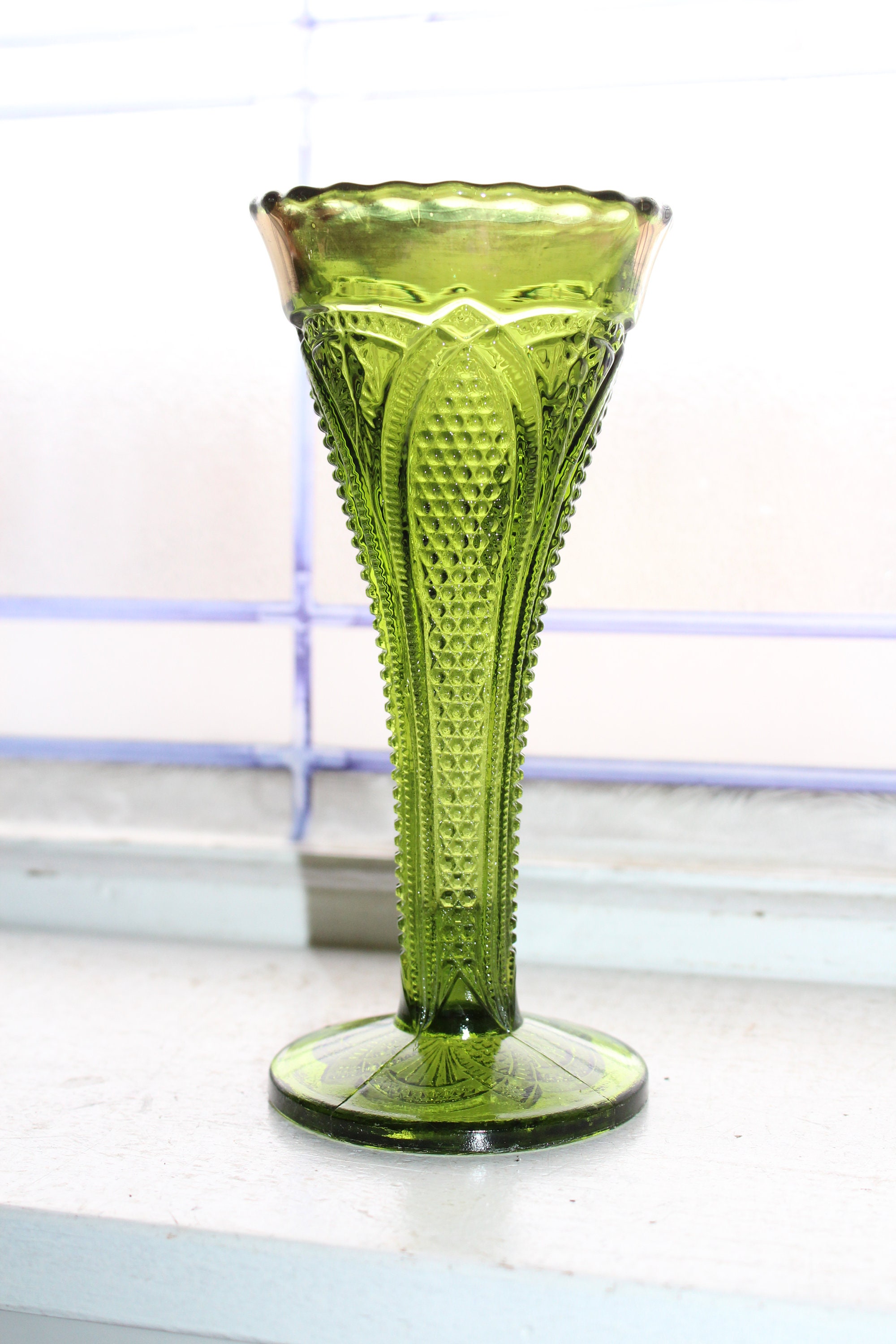 Antique EAPG Green Trumpet Vase Massachusetts by US Glass 1898