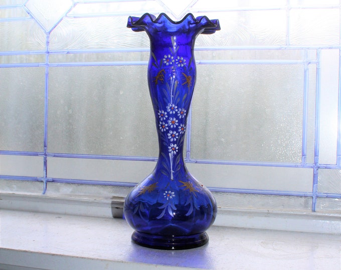 Antique Victorian Cobalt Blue Glass Vase with Enamel Decoration