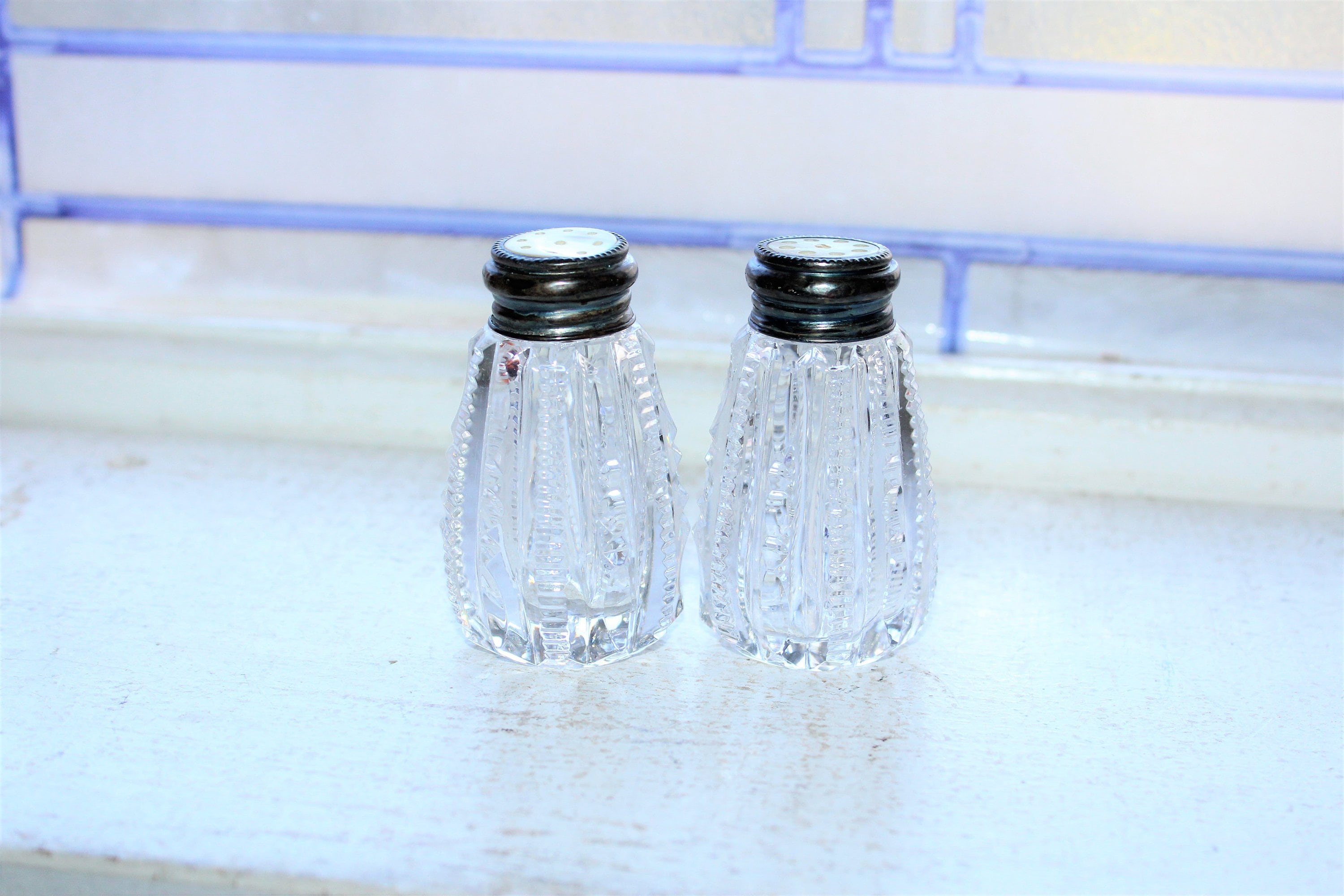 Antique Salt and Pepper Shakers Crystal Sterling Silver & Mother of Pearl