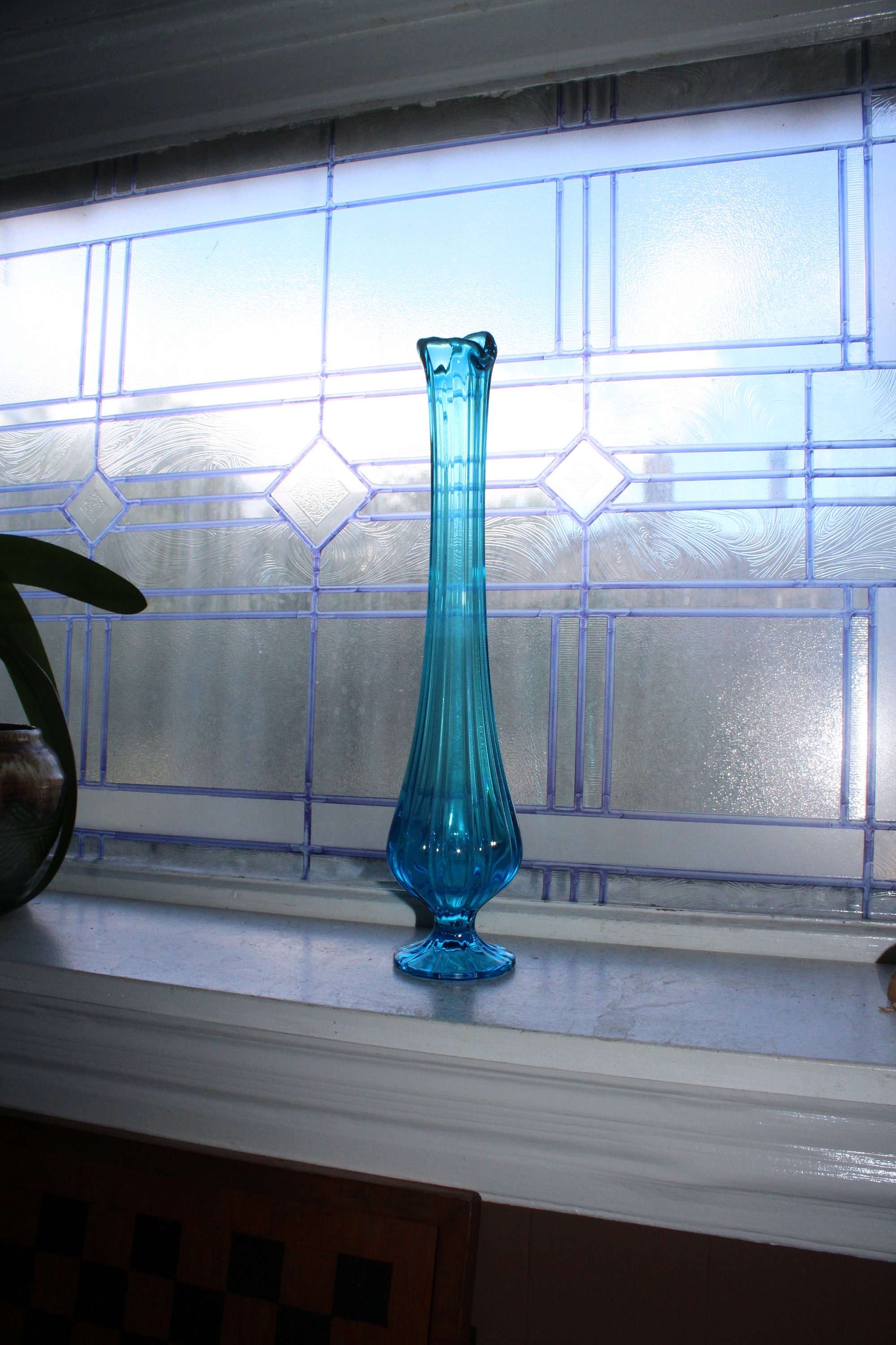 Large Blue Swung Glass Vase 15.25 Vintage Mid Century Modern