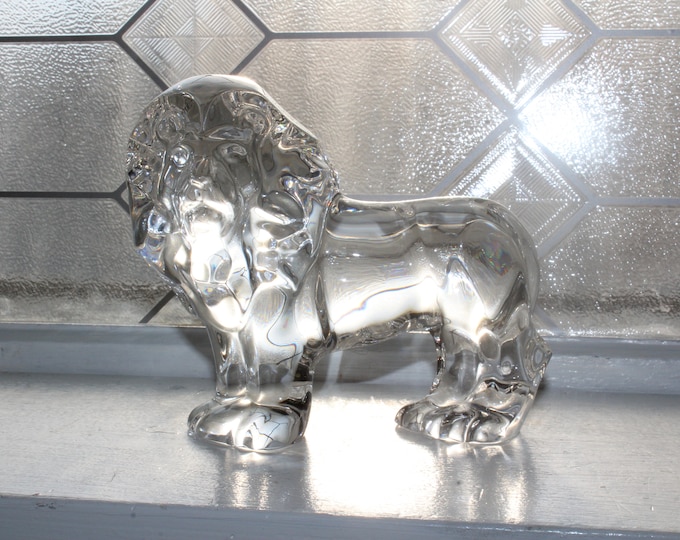 Val St Lambert Crystal Lion Figurine Vintage Art Glass De Sousa