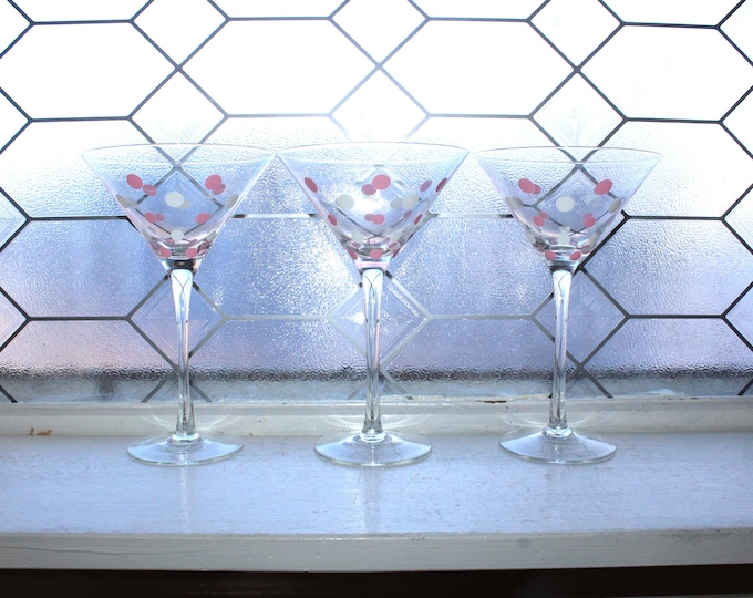 3 Large Martini Glasses Pink and White Polka Dots Pampered Chef