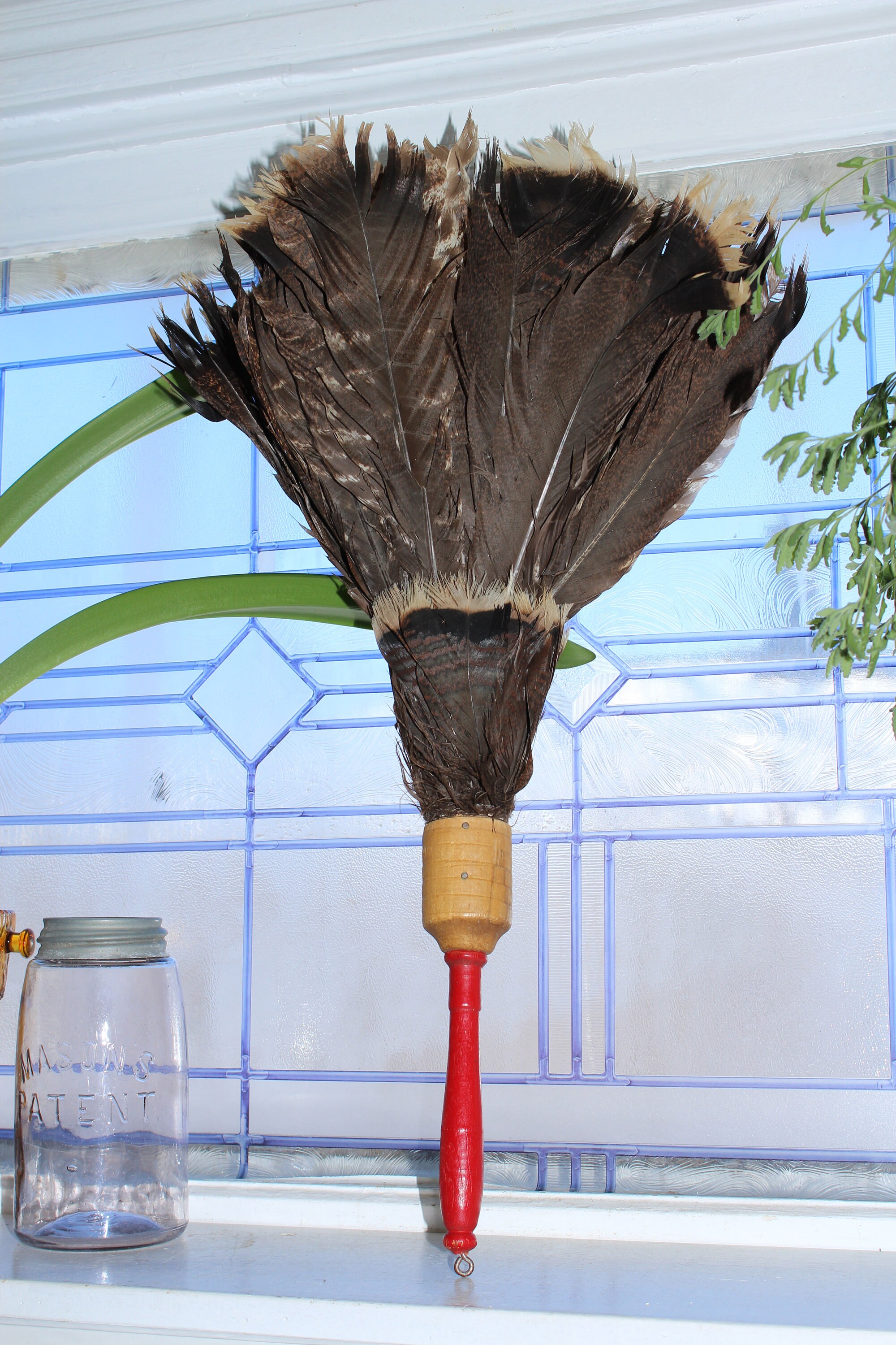 Antique Feather Duster with Red Wood Handle