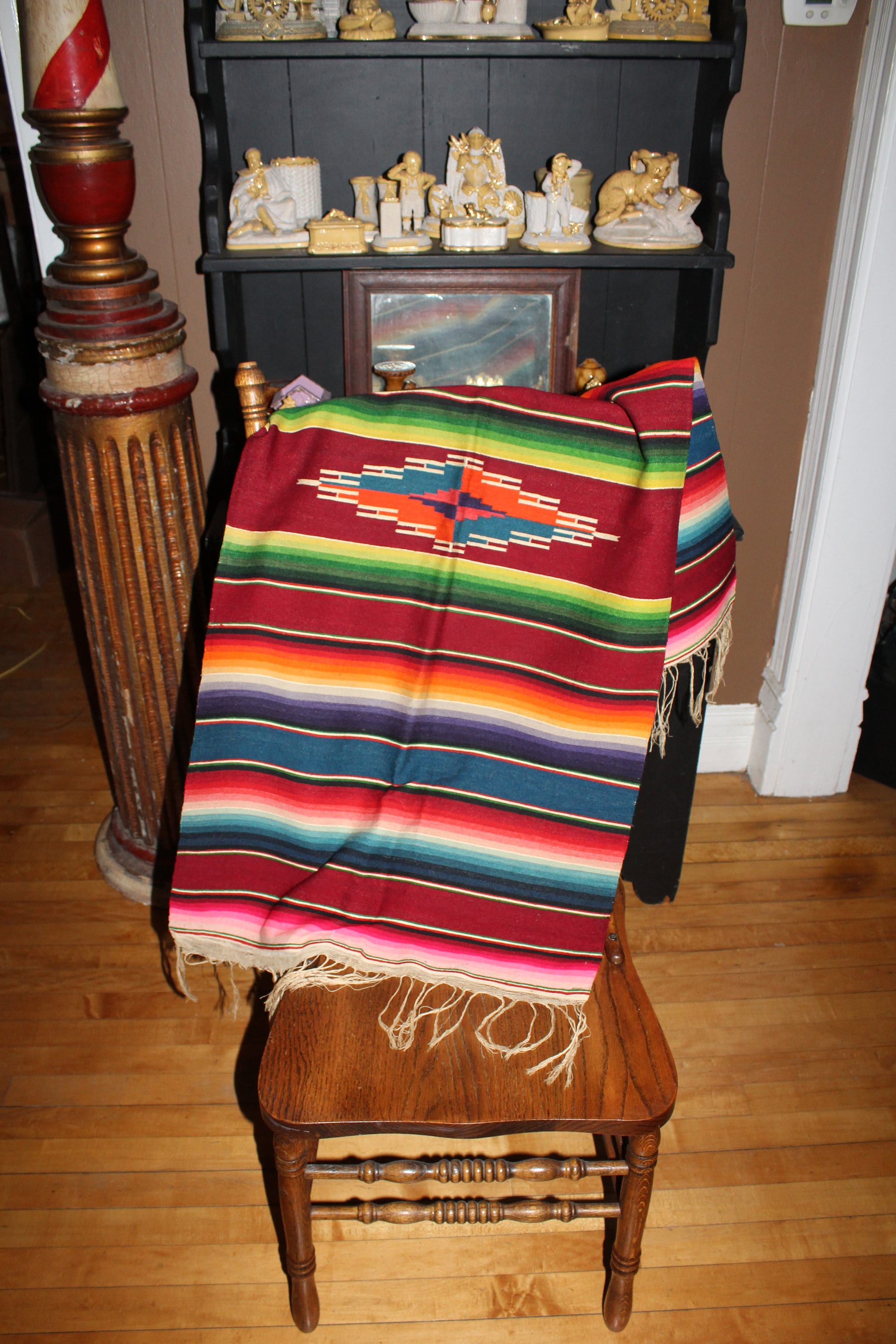 Vintage Mexican or Southwestern Blanket Serape Throw Rug Red Stripes