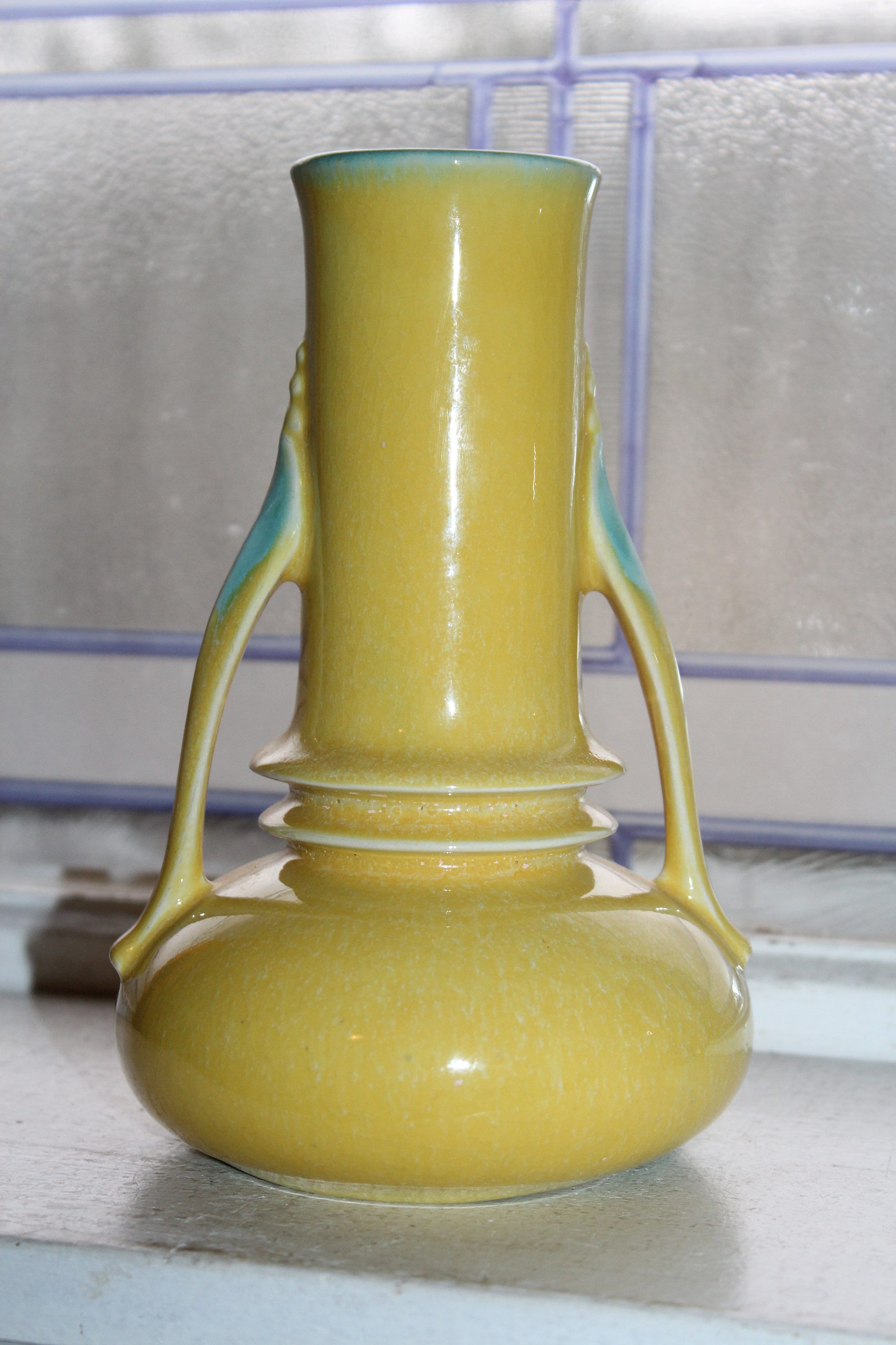 Roseville Orian Vase Yellow and Turquoise Vintage 1930s Pottery