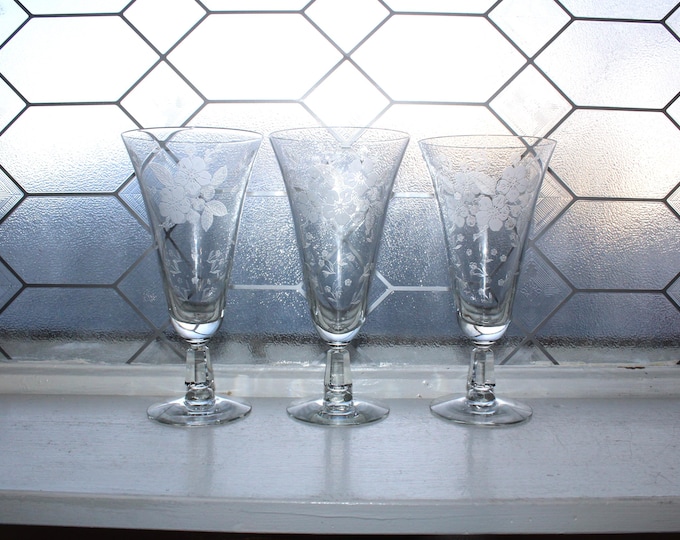 3 Vintage Duncan & Miller Crystal Language of Flowers Iced Tea Glasses