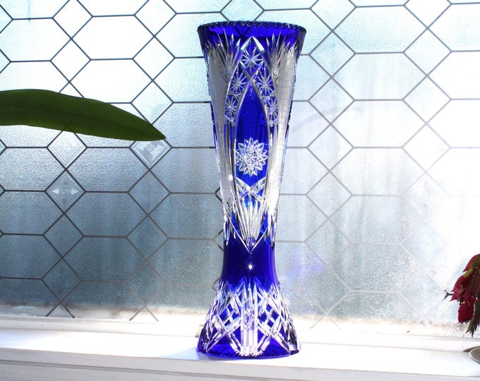 Monumental Crystal Cobalt Blue Cut To Clear Vase 19" Vintage Masterpiece