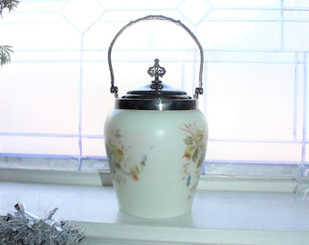 Antique Biscuit Barrel Satin Milk Glass and Silverplate Cookie Jar