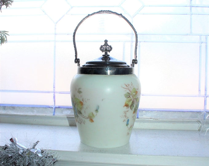 Antique Biscuit Barrel Satin Milk Glass and Silverplate Cookie Jar