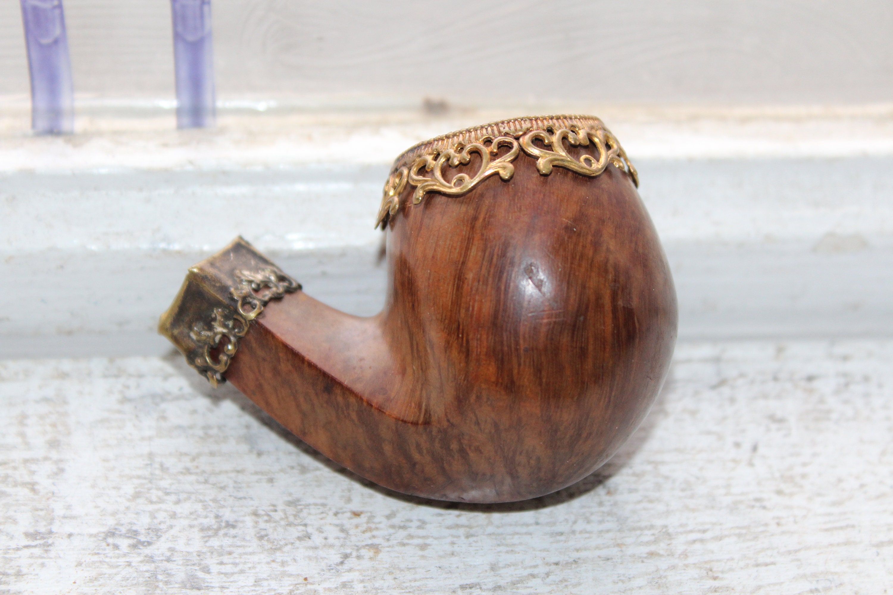 Vintage Estate Tobacco Pipe Bowl Genuine French Briar with Brass Decor