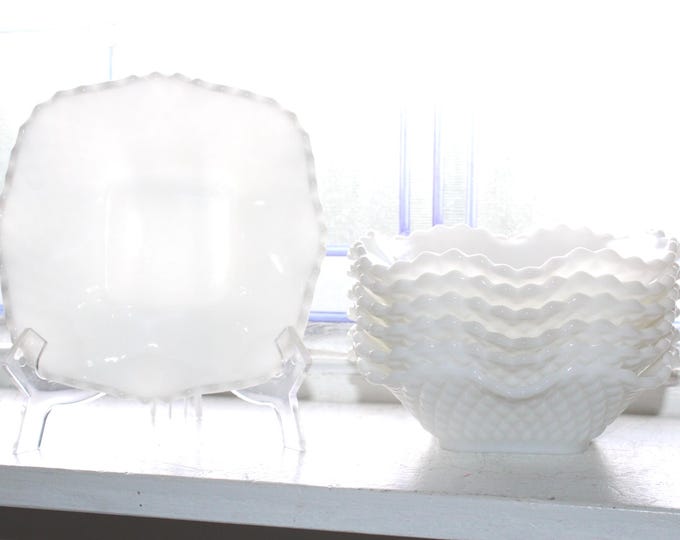 7 Vintage Milk Glass Candy Dishes Nut Bowls Diamond Weave