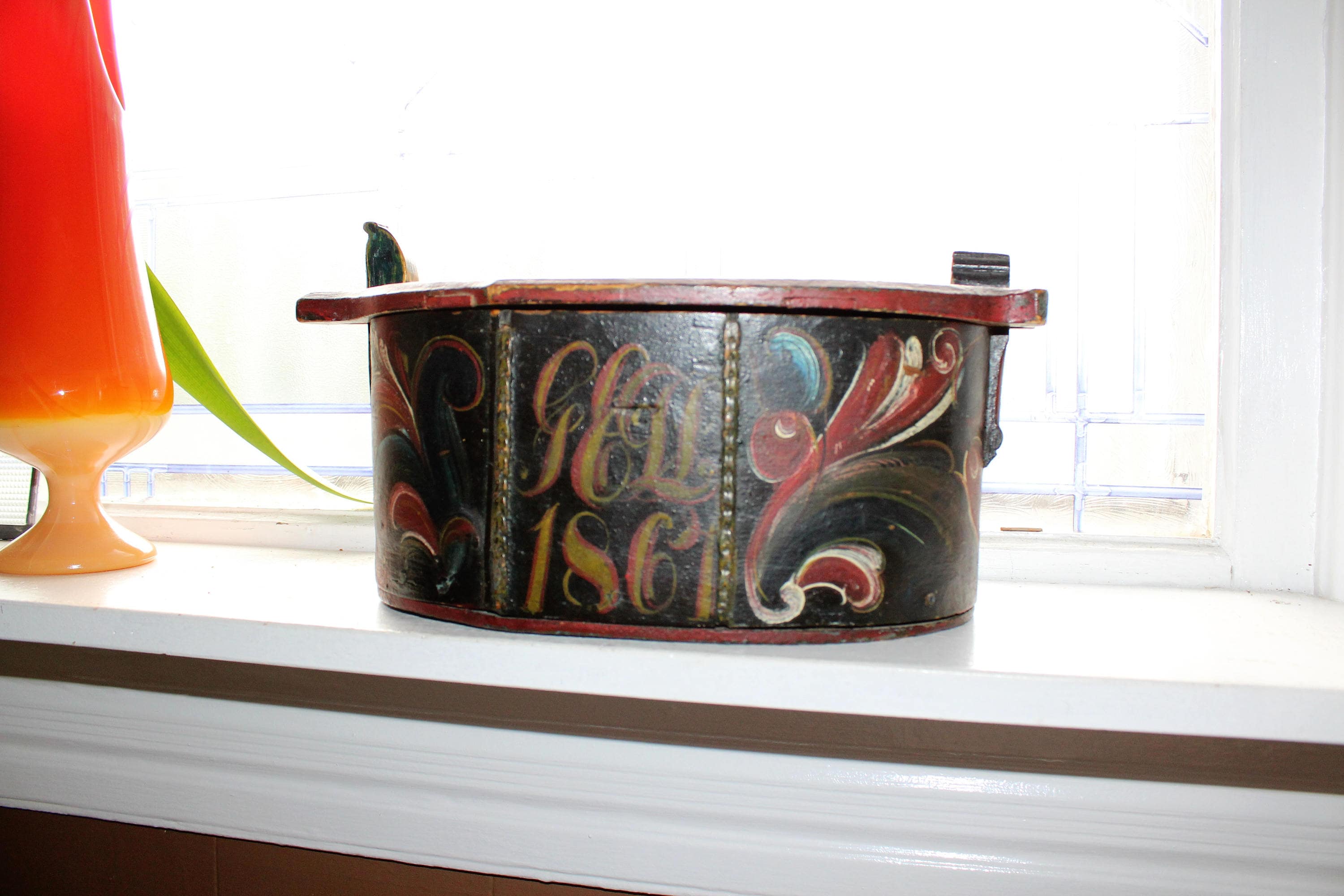 Large Norwegian Tine Box Dated 1867 Rosemaled Bentwood Antique Scandinavian