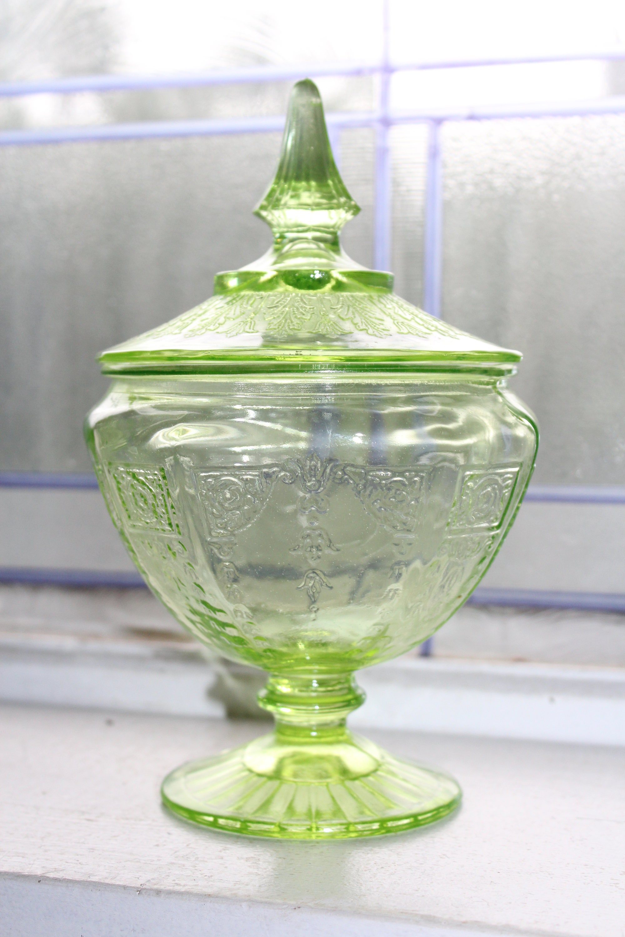 Green Depression Glass Candy Dish with Cover Princess Vintage 1930s