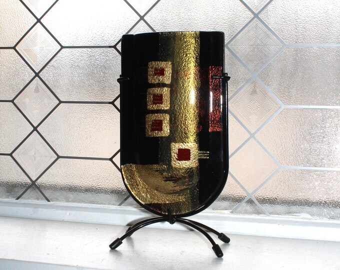 Vintage Jasmine Art Glass Vase in Metal Stand Black Gold Red