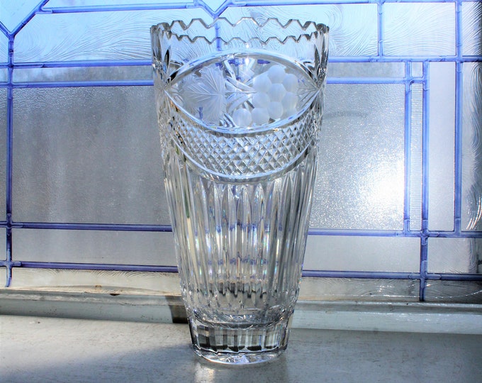 Large Vintage Cut Crystal Vase with Grapes Pattern