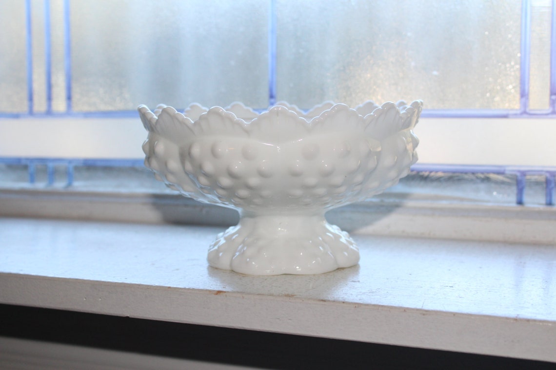 Vintage Fenton Milk Glass Hobnail Candle Holder Pedestal Dish Etsy