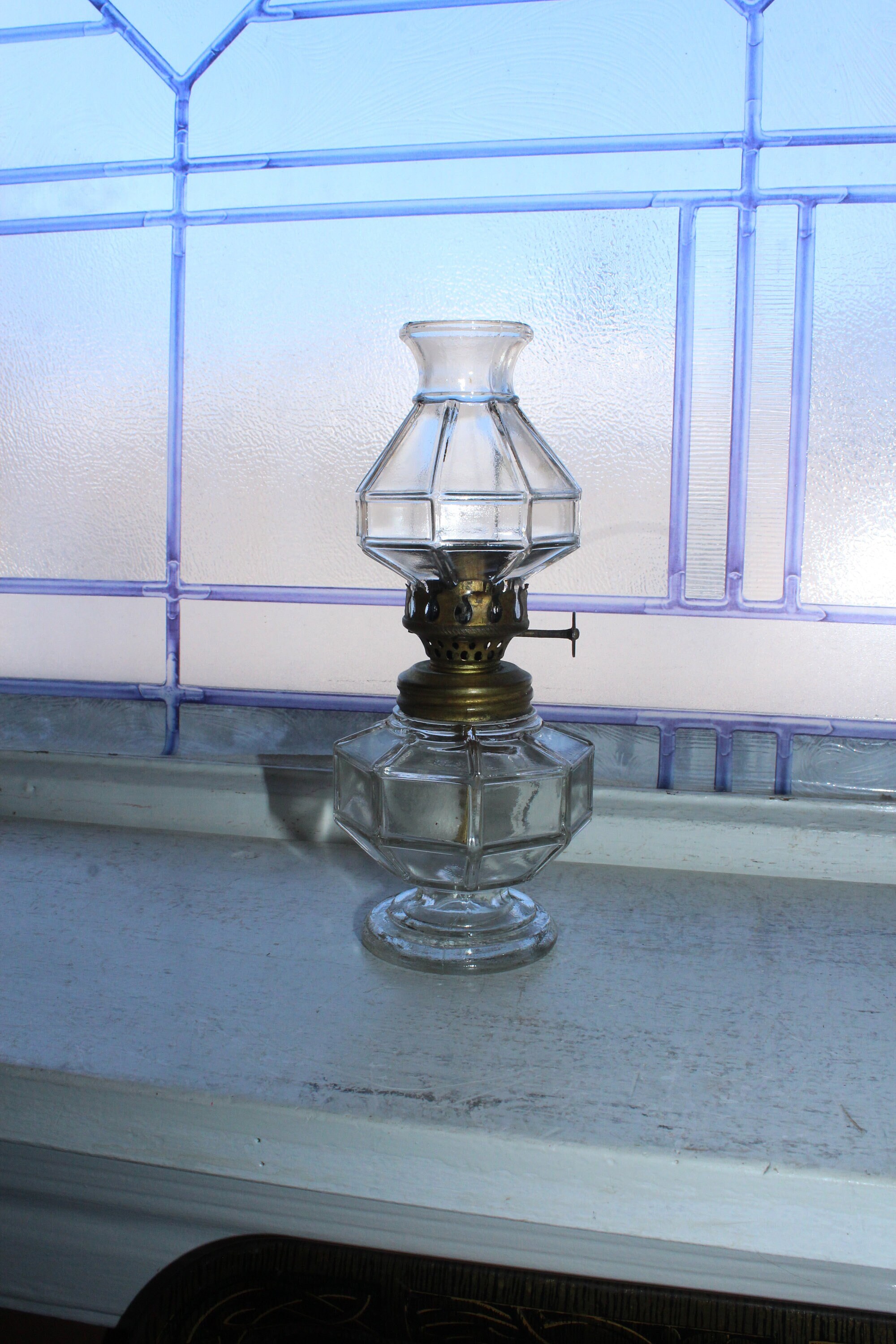 Antique Miniature Glass Block Oil Lamp with Matching Shade