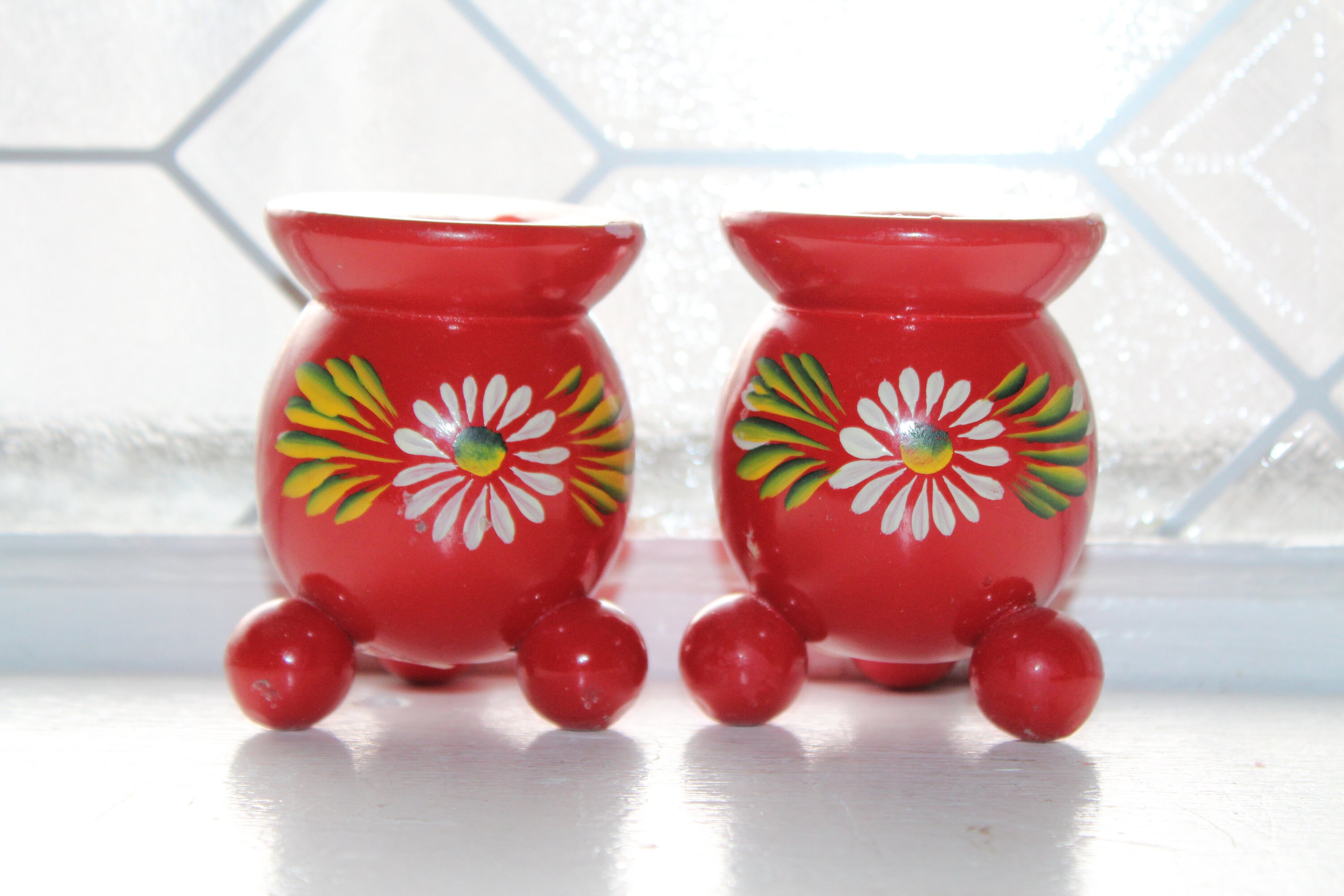 Vintage Swedish Painted Wood Candle Holder Pair Scandinavian Folk Art