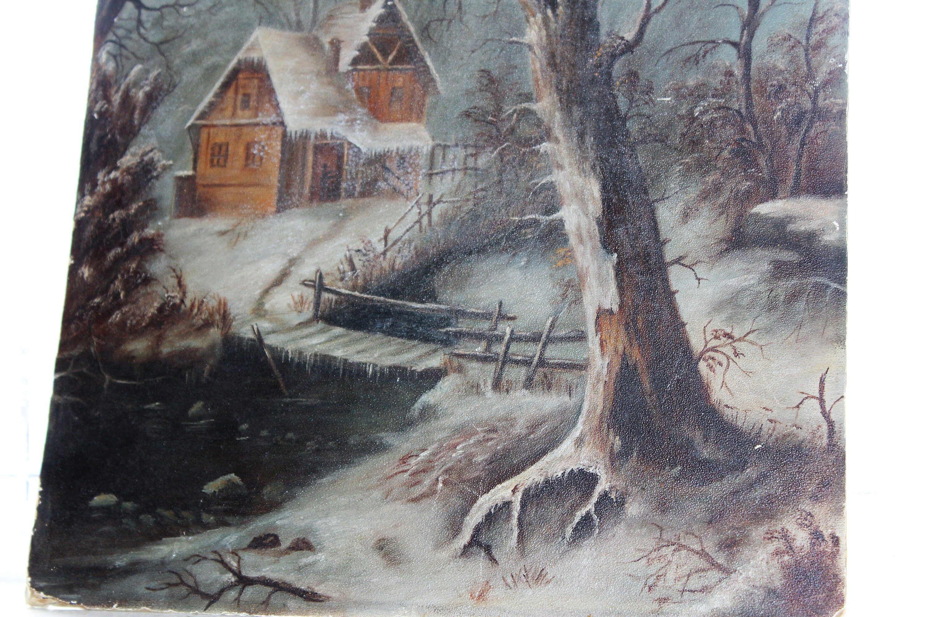 Antique Folk Art Oil Painting On Board Winter Cabin Country Scene