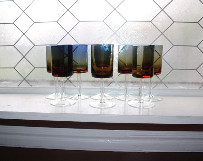 8 Vintage Mid Century Denby Bluerina Krosno Wine Glasses Blue Amber