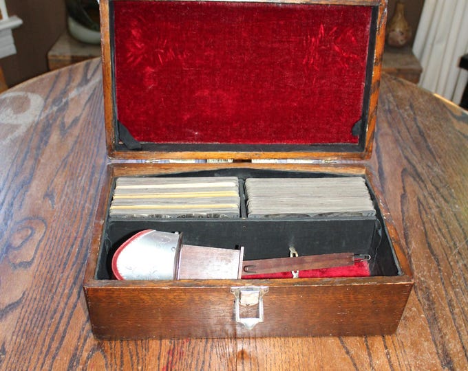 Antique Stereoscope In Wood Case w/ 95 Keystone Stereoview Cards World War Plus