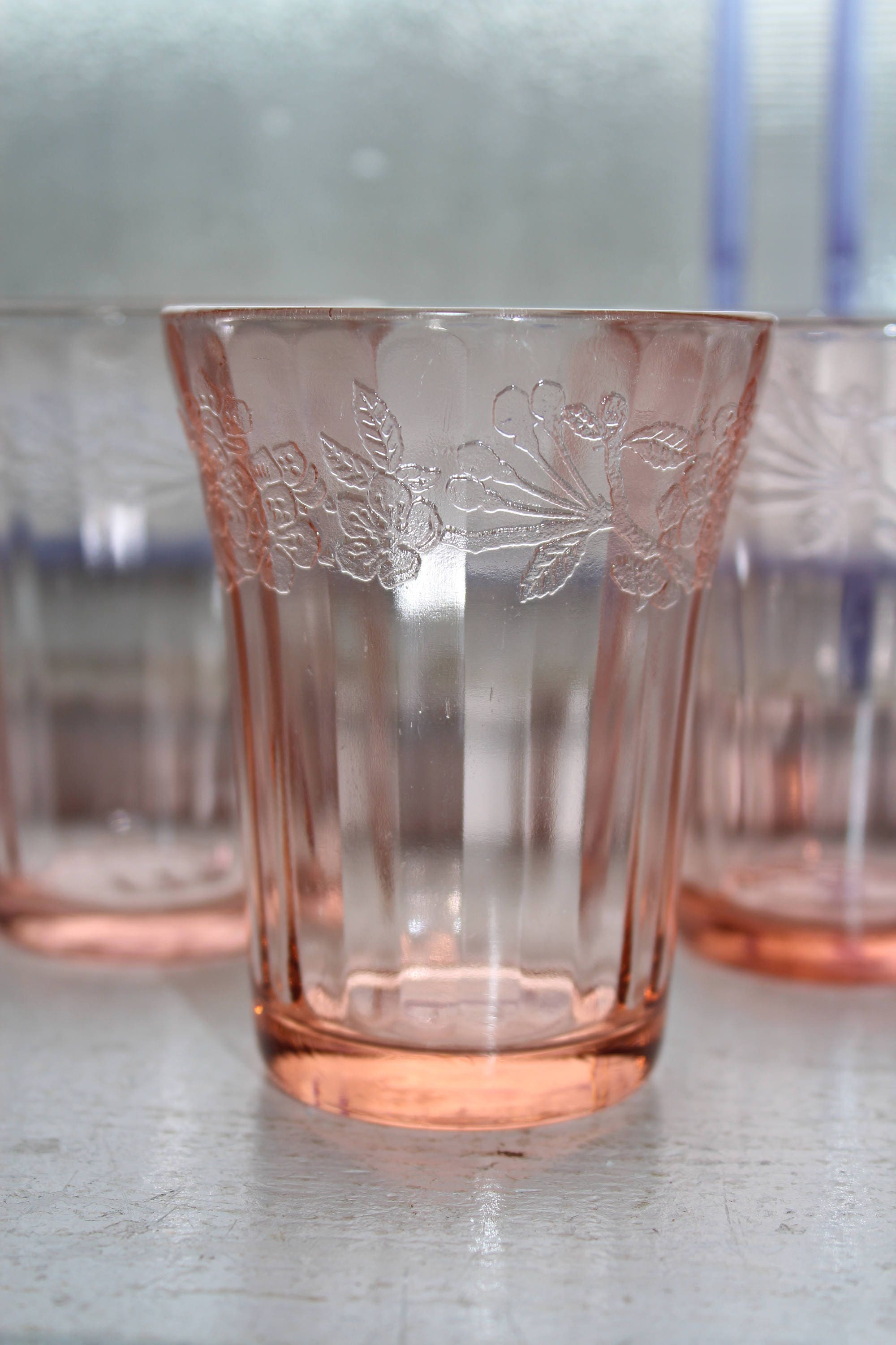 6 Pink Depression Glass Tumblers Cherry Blossom 4 Oz Vintage 1930s