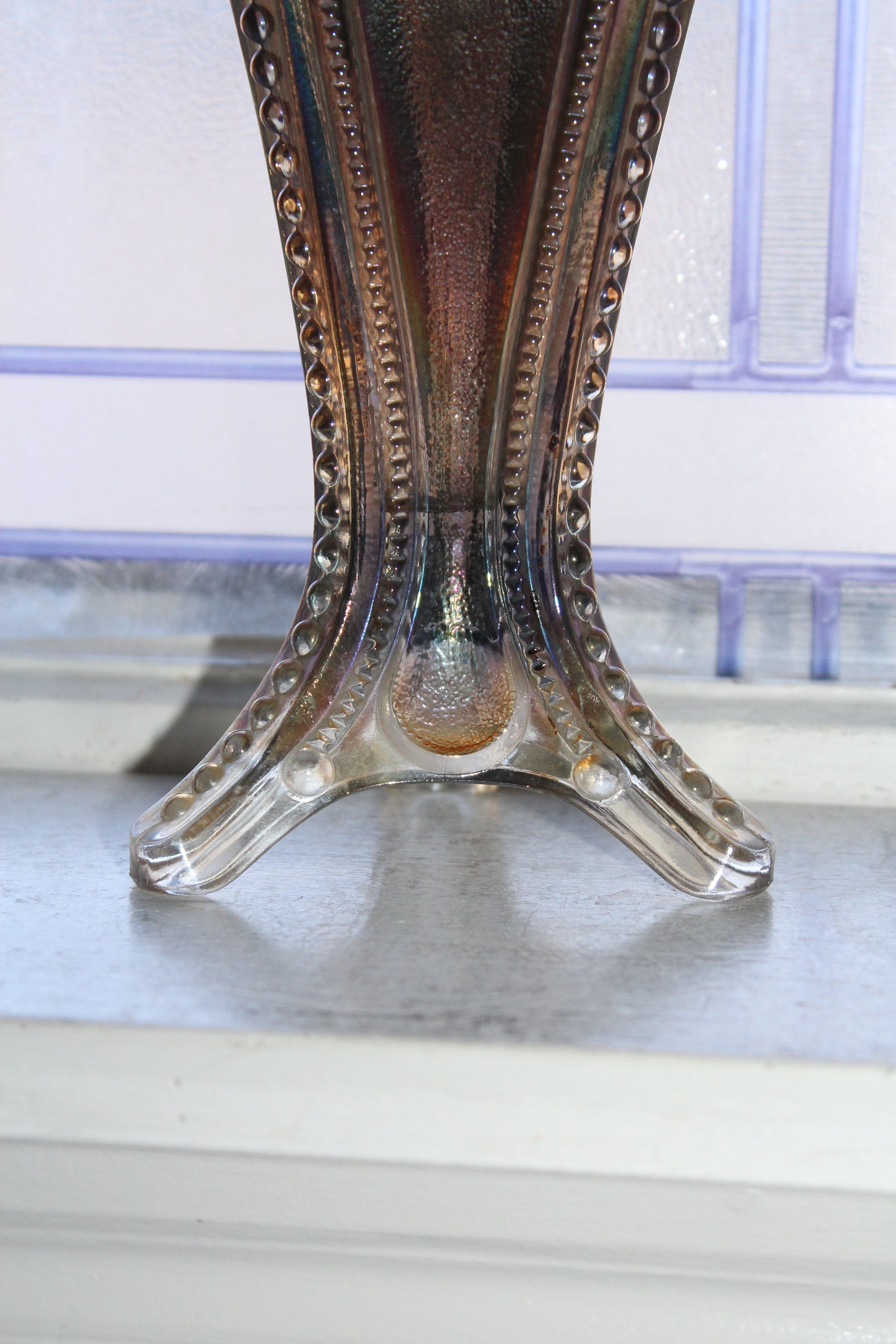 Vintage Imperial Carnival Glass Vase Tricorn Peacock