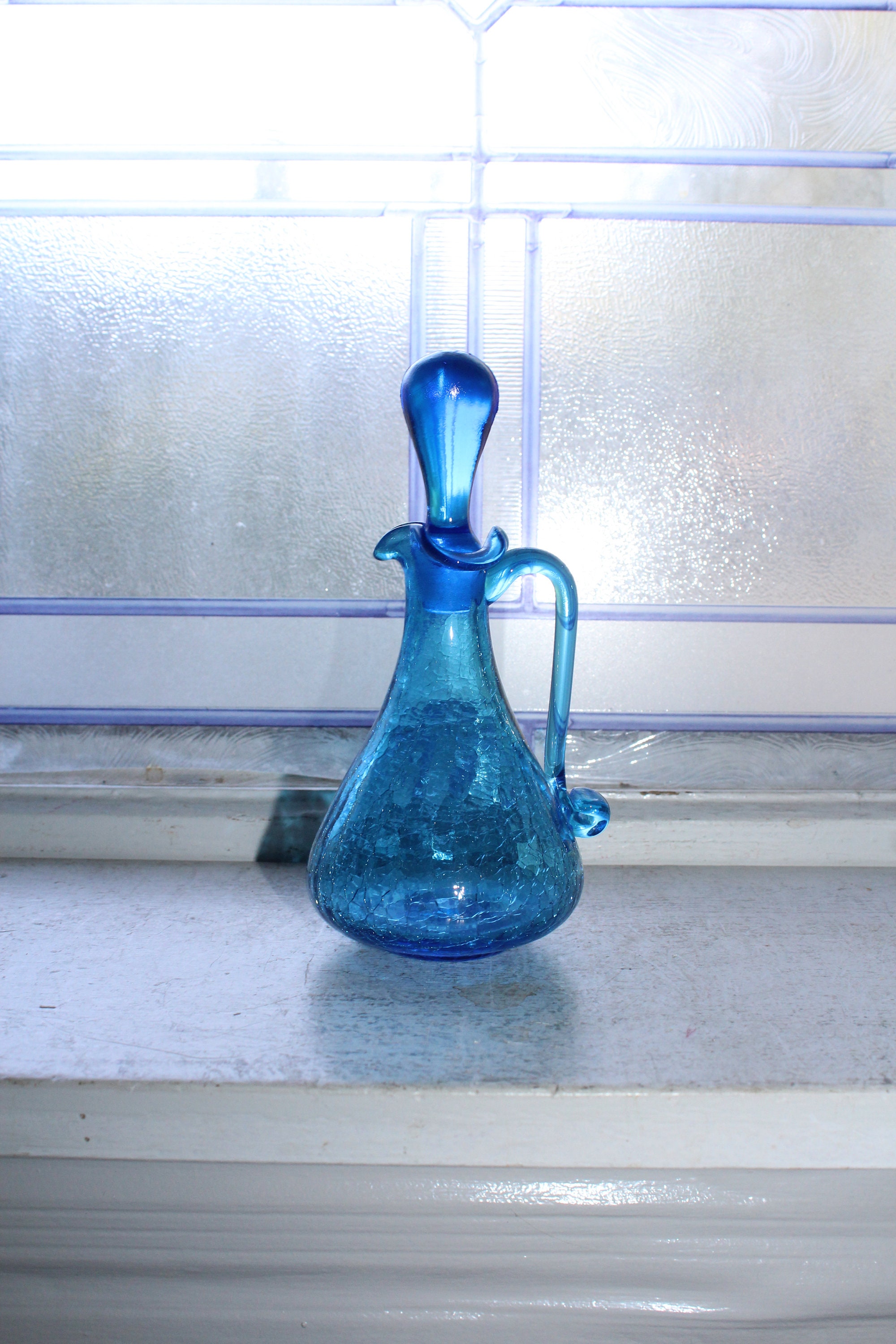 Vintage Blue Crackle Glass Cruet Mid Century Art Glass