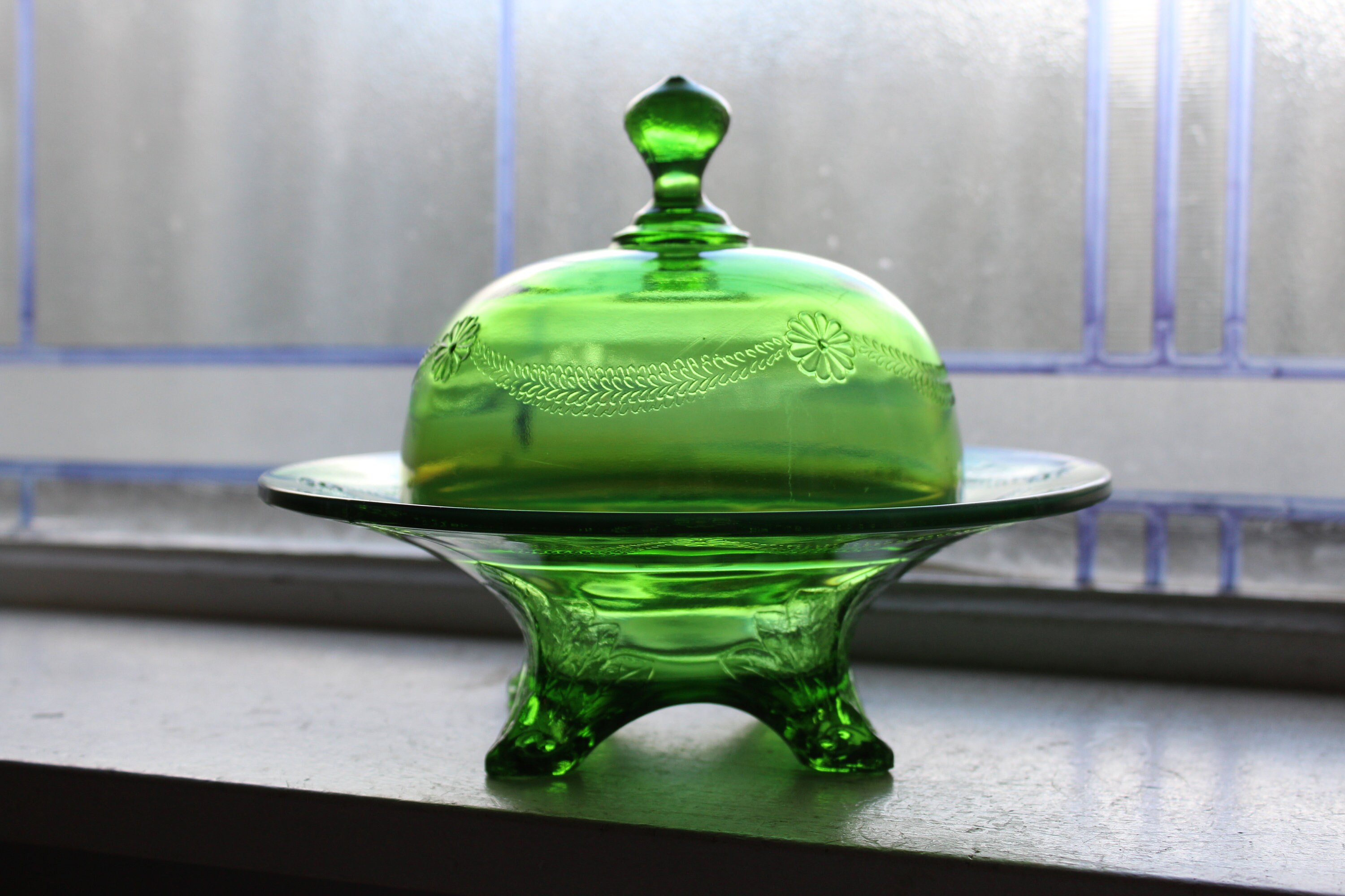 EAPG Domed Butter Dish Antique 1900s Victorian Green Glass Etsy
