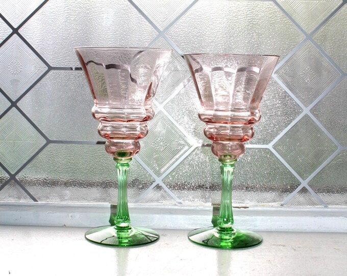 2 Pink & Green Tiffin Watermelon Wine Glasses Vintage 1930s