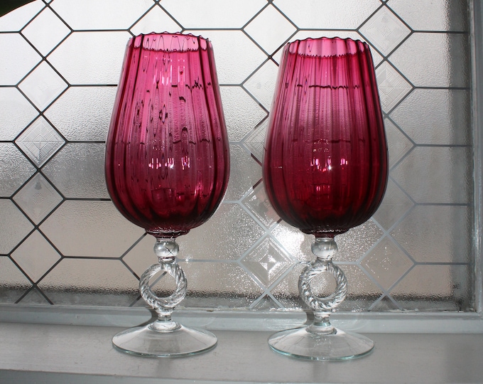 Large Vintage Empoli Glass Candle Holder Pair Cranberry Red with Clear Stem Murano