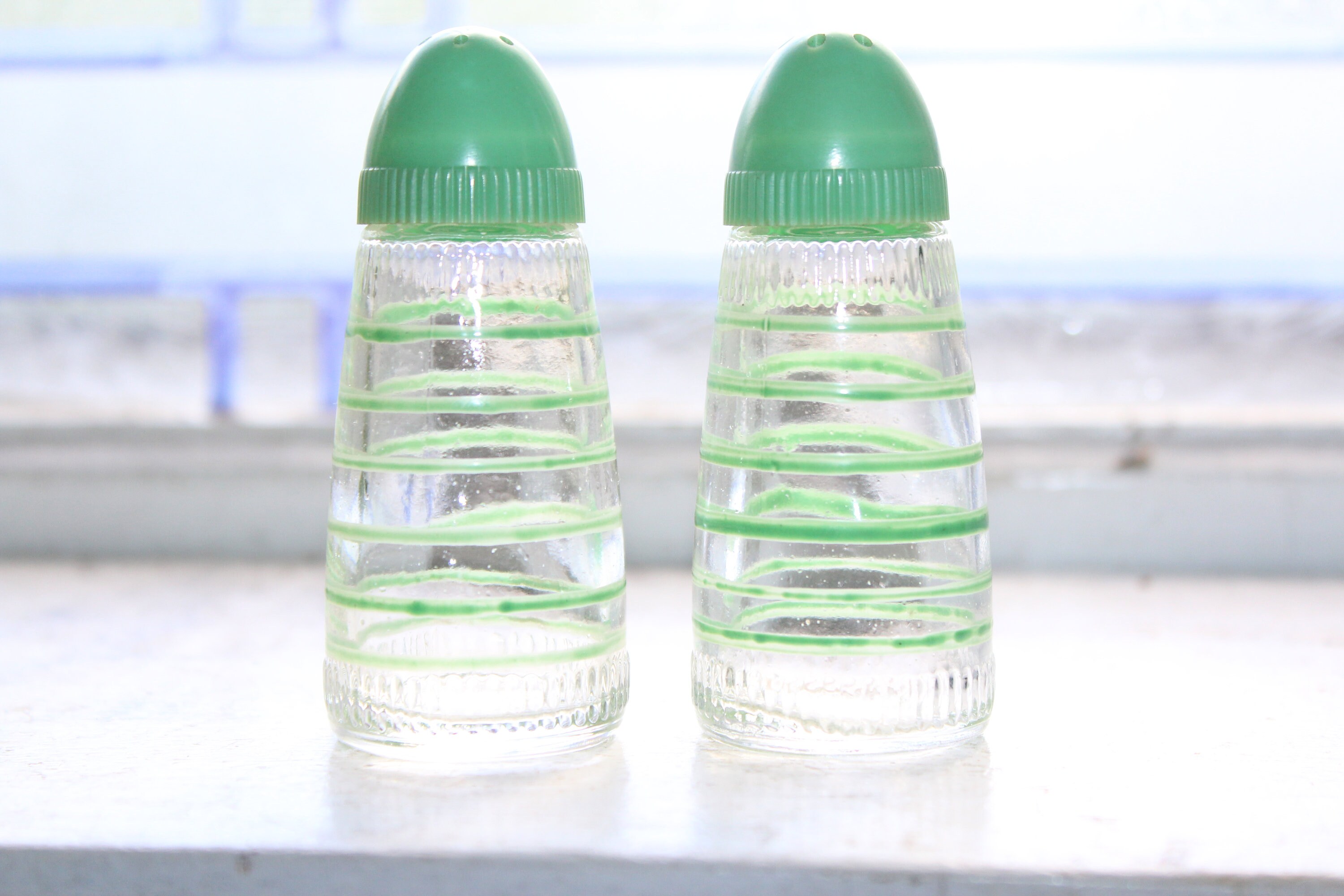 Mid Century Salt and Pepper Shakers Glass with Green Stripes 1950s