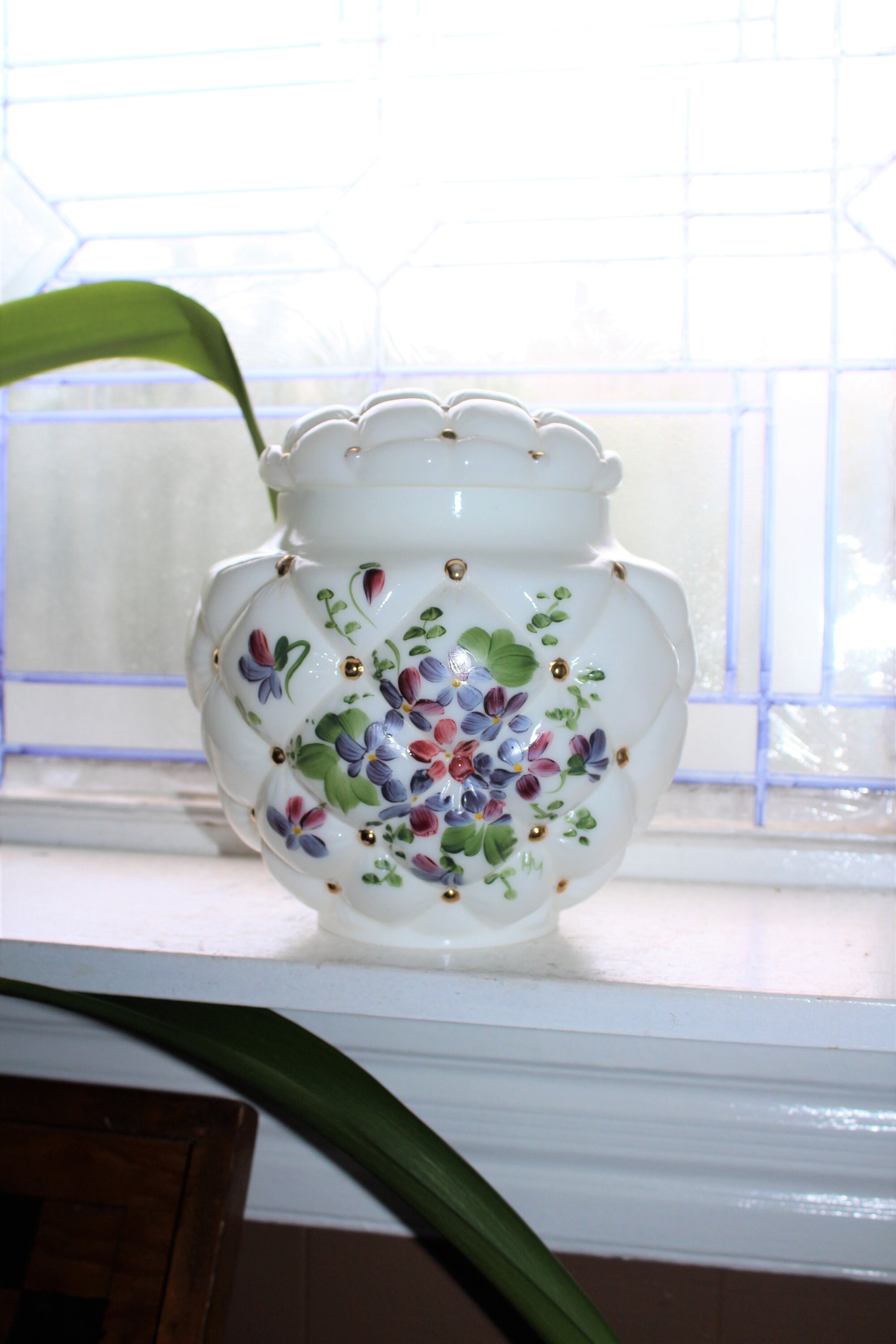 Quilted Milk Glass Cookie Jar Consolidated Glass Hand Painted