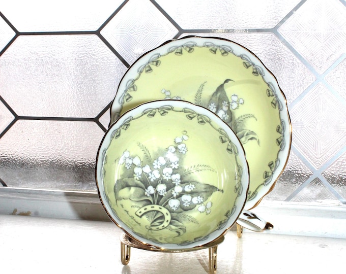 Paragon Tea Cup and Saucer To The Bride Horseshoe Lily of the Valley Yellow