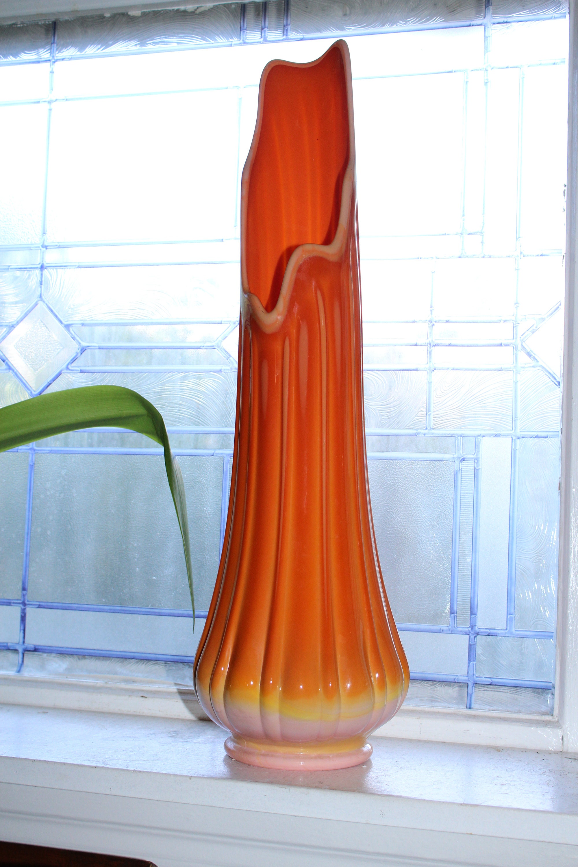 Large Orange Swung Glass Vase 21 Vintage Mid Century Modern