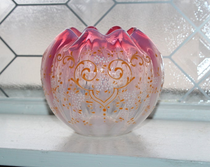 Antique Victorian Pink Glass Vase Rose Bowl Hand Painted