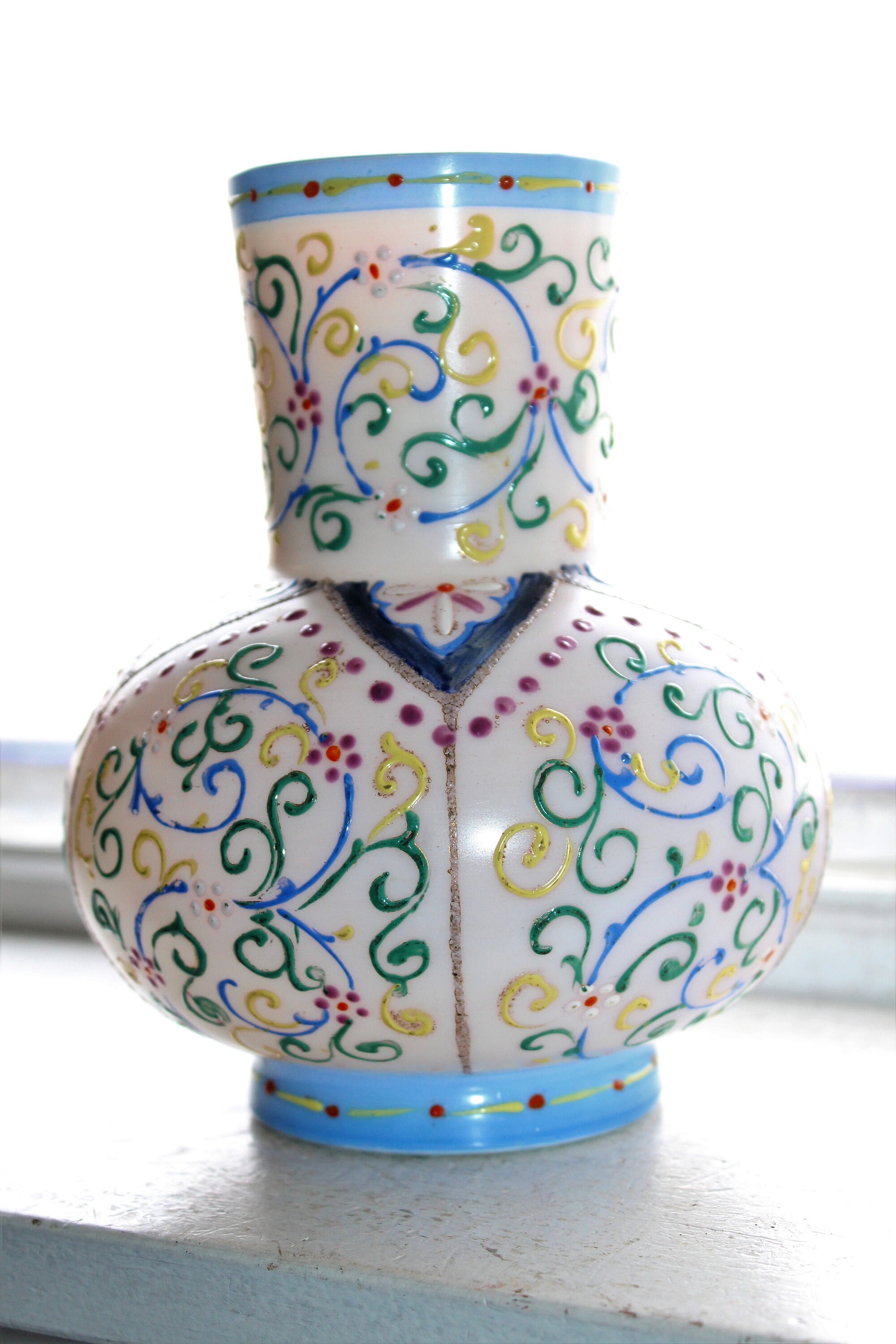 Ornate Victorian Hand Painted Milk Glass Vase 1800s