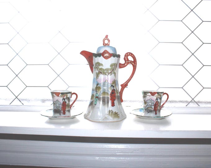 Antique Japanese TT Takito Geisha Ware Chocolate Pot with 2 Cups and Saucers