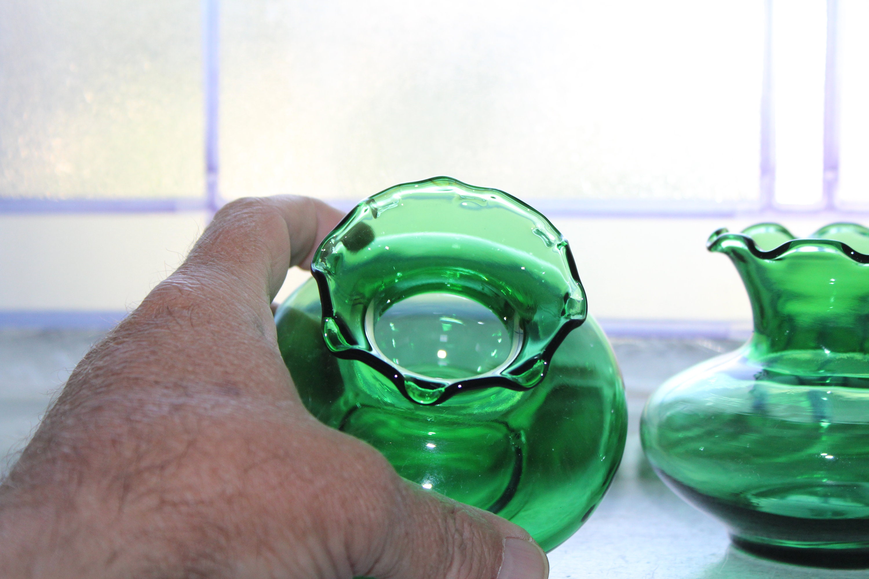 2 Forest Green Glass Vases Vintage 1940s