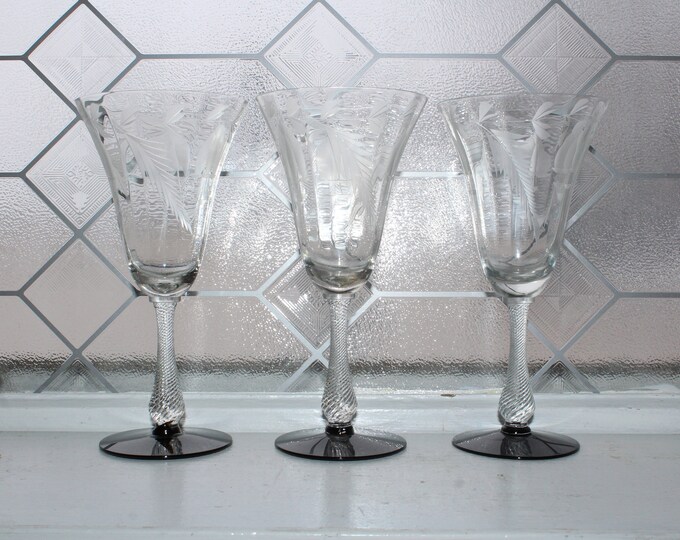 3 Art Deco Weston Wine Water Glasses Etched with Black Bases