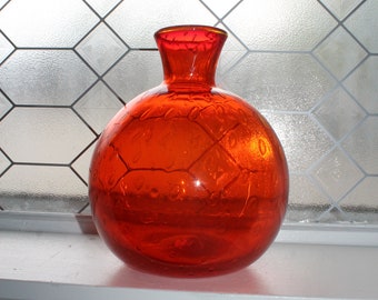 Large Mid Century Glass Ball Vase Orange with Controlled Bubbles