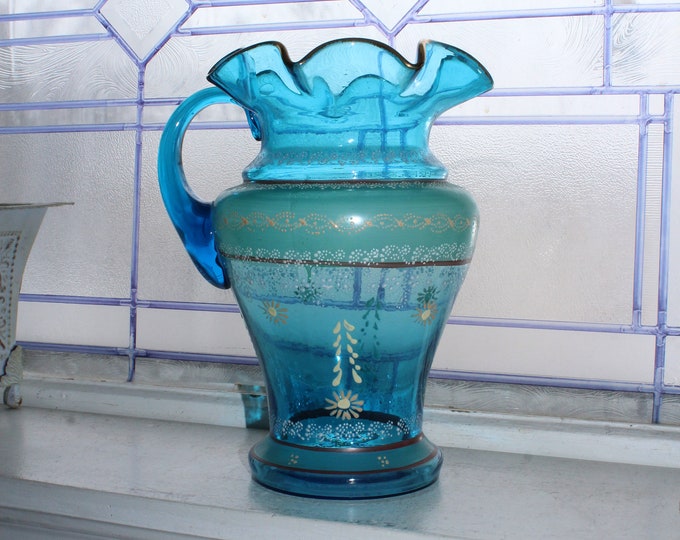 Antique Victorian Cobalt Blue Glass Pitcher with Enamel Decoration
