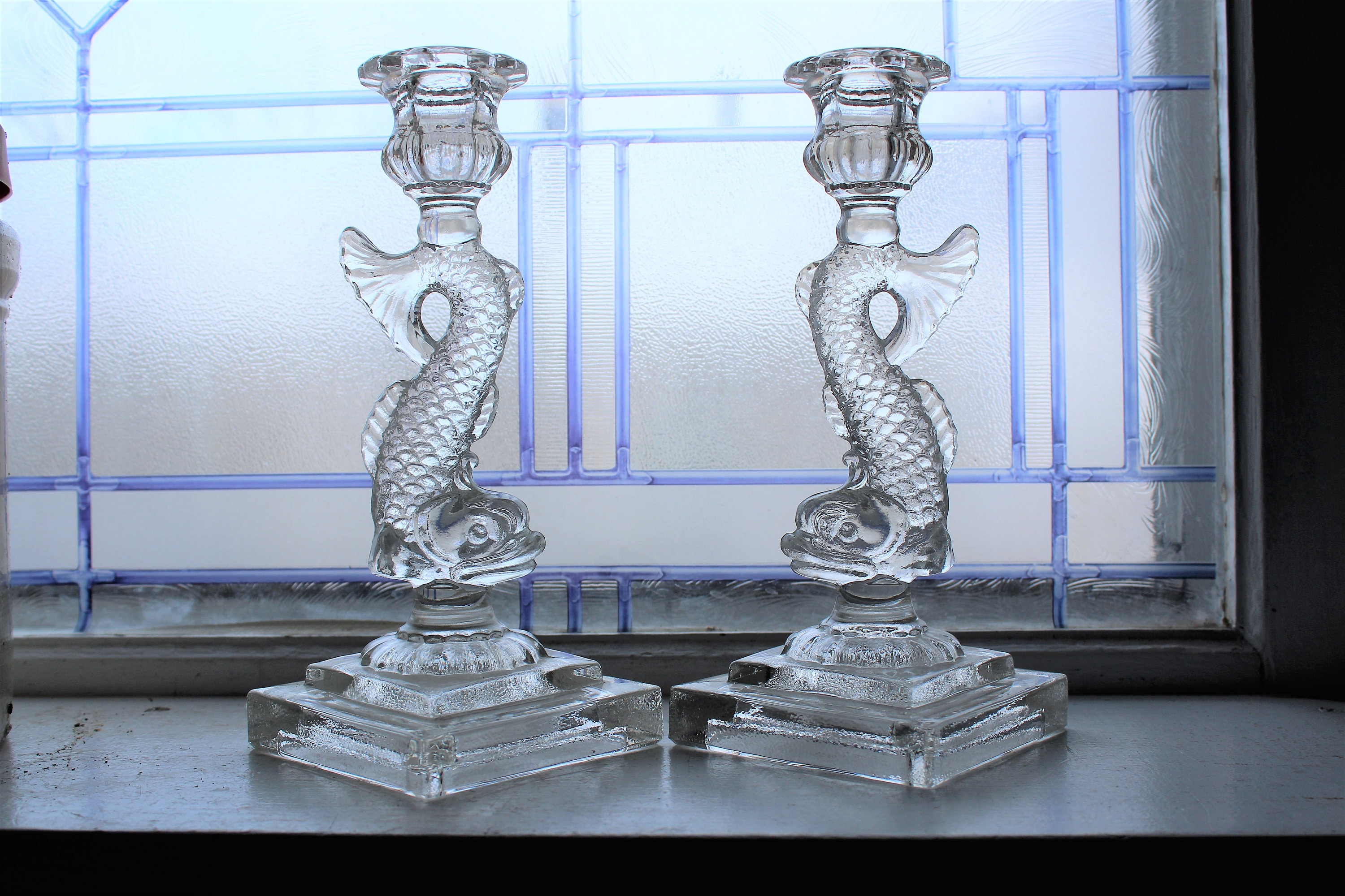 Imperial Glass Candlesticks Pair Vintage Dolphin Koi Fish