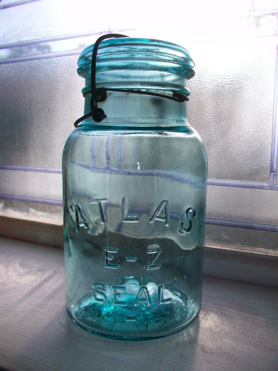 Vintage Mason Jar Atlas EZ Seal Blue Quart Jar w/ Glass Lid and Wire