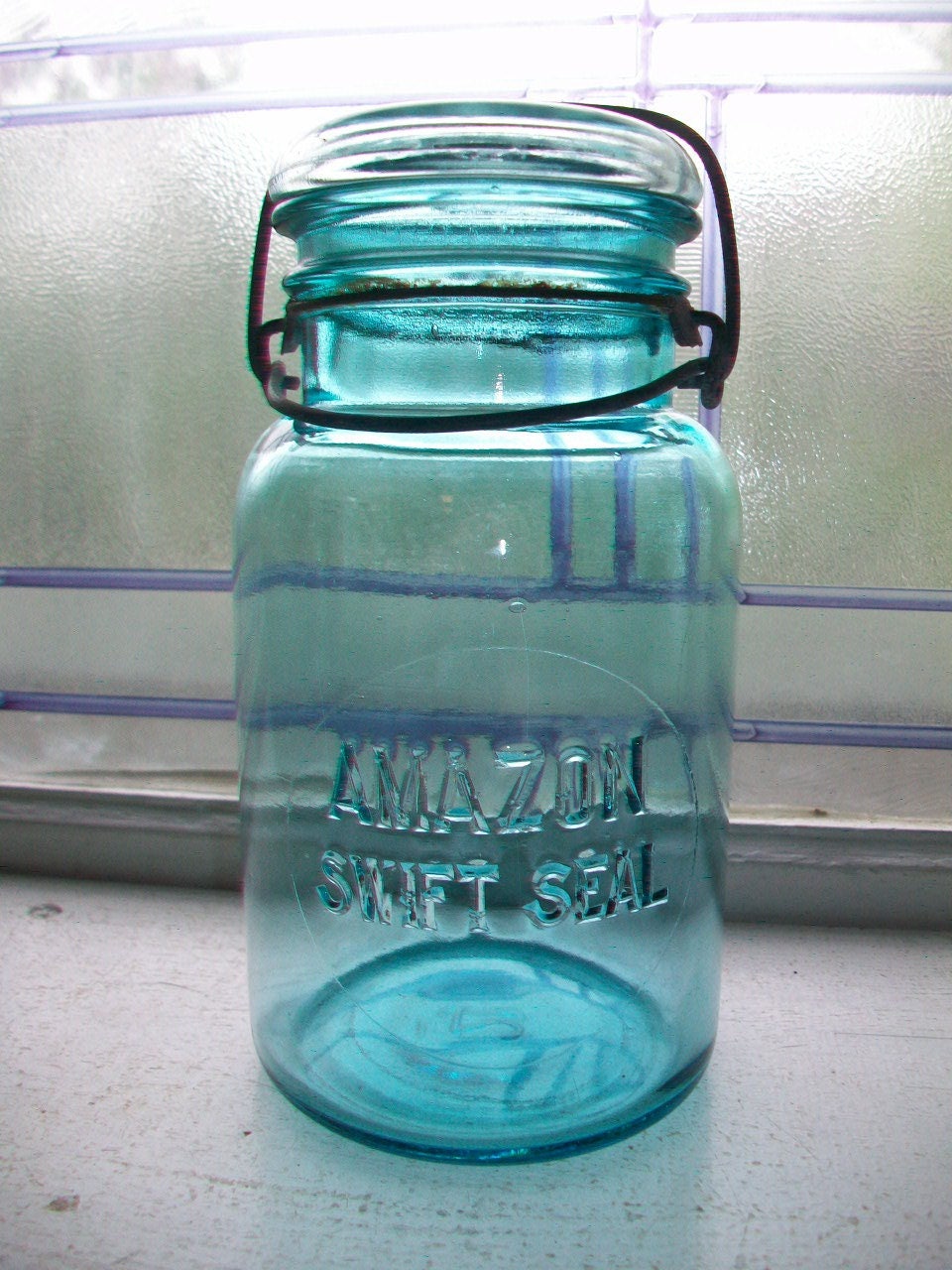 Blue Amazon Swift Seal Jar Quart Glass Lid Vintage 1920s