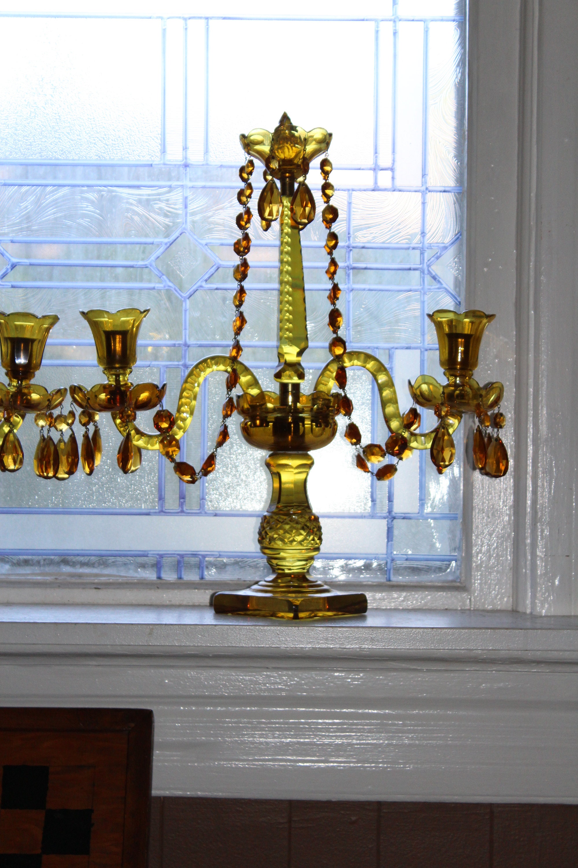 Large Antique Victorian Candelabra Pair Elegant Amber Glass