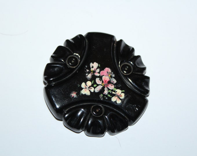 Vintage 1940s Brooch Black Bakelite Hand Painted Pin