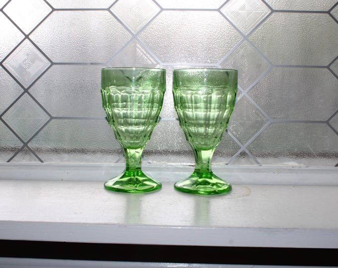 2 Green Depression Uranium Glass Footed Tumblers Colonial Block Vintage 1930s