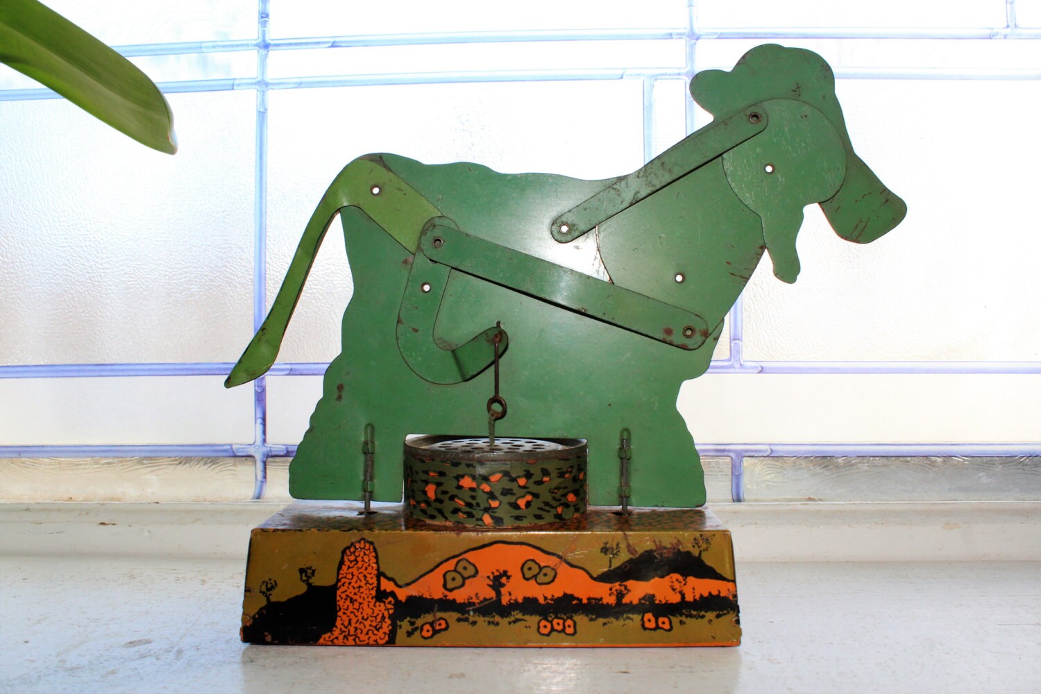 Antique Tin Toy Cow Pull My Tail and I Moo Mechanical Toy